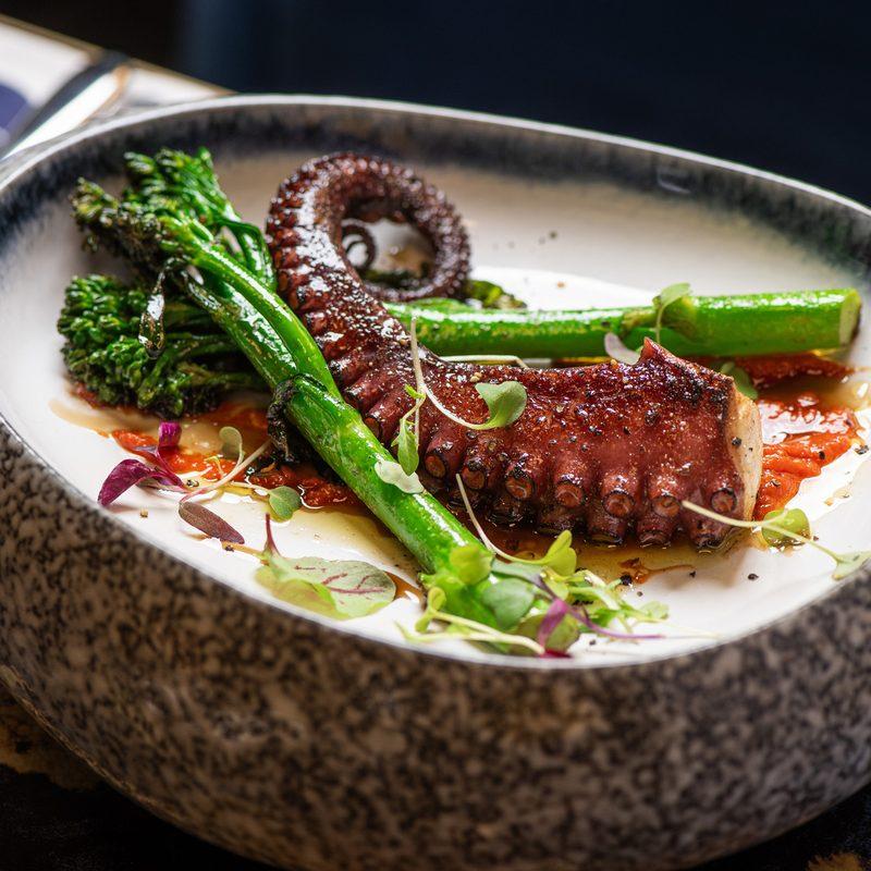 Chargrilled Mediterranean octopus over spicy tomato ragu with tenderstem broccoli